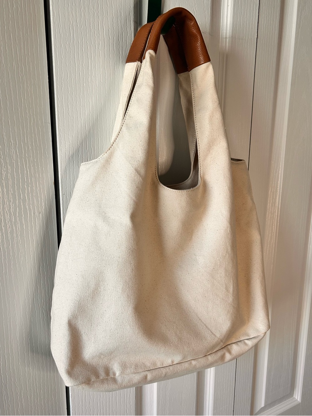 J. Jill Cream Canvas and Leather Handle Large Tote Shoulder Bag New Boho Minimal - Picture 2 of 8